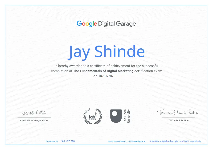Google Digital Marketing Certification awarded to Jay Shinde, recognizing expertise in advanced Digital Marketing techniques.